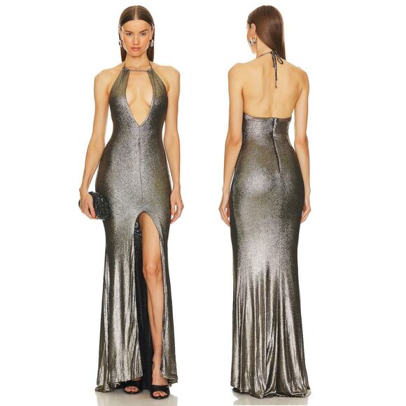 Michael Costello x REVOLVE Zephyr Metallic Halter Gown Evening XXS *DAMAGED* - Picture 1 of 10